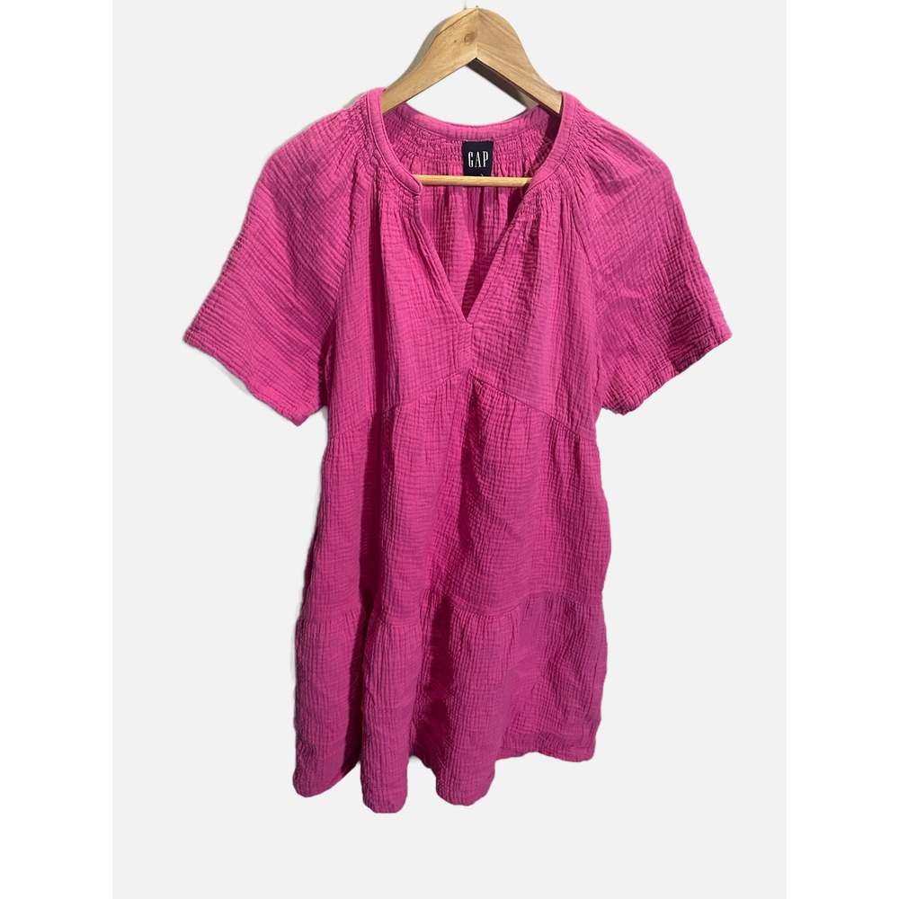 Gap Tiered Mini Dress Womens Small Pink Cotton Gauze Babydoll Short Sleeve Boho